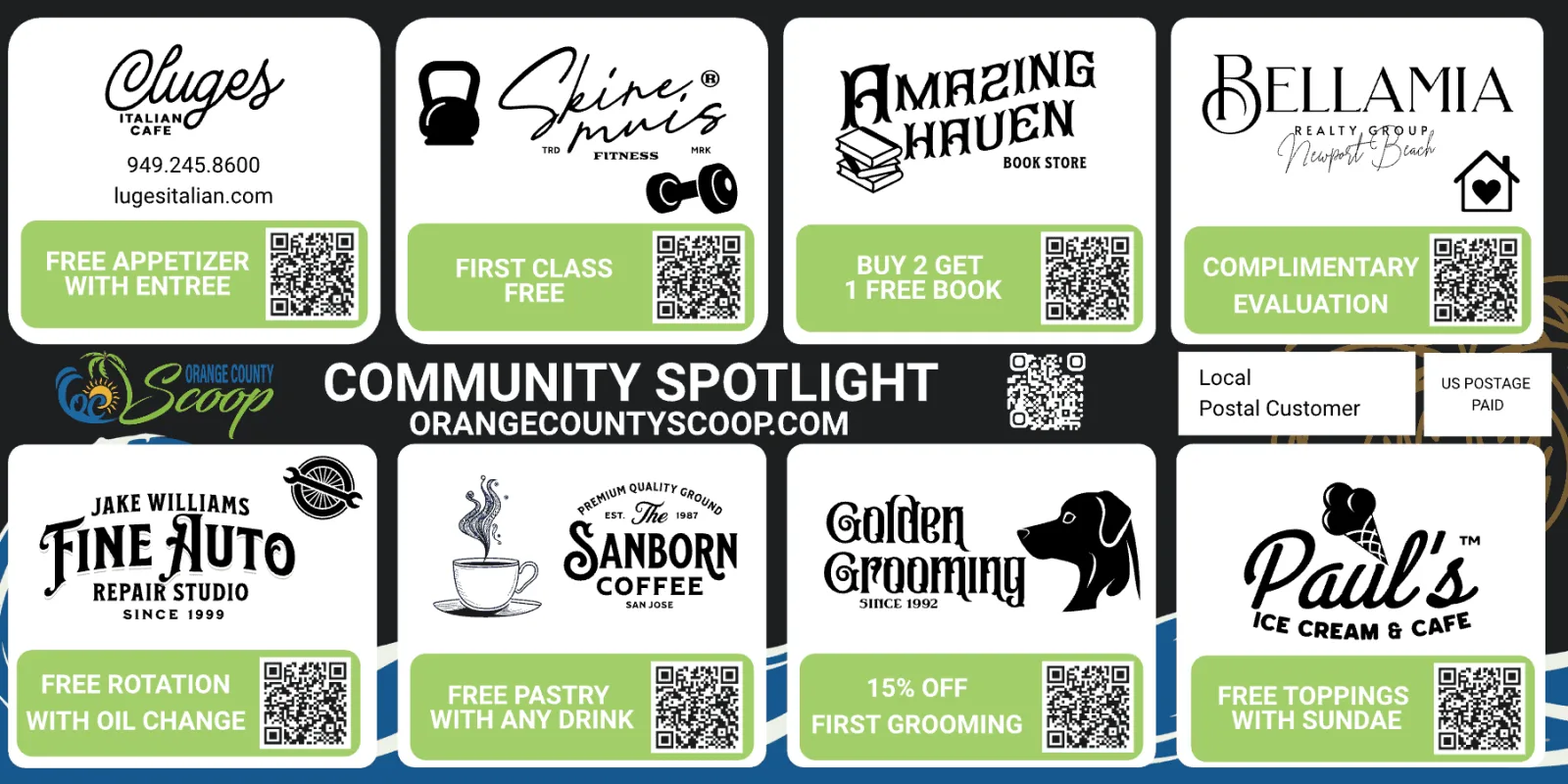 An OC Scoop Direct community postcard with coupon offers from local businesses
