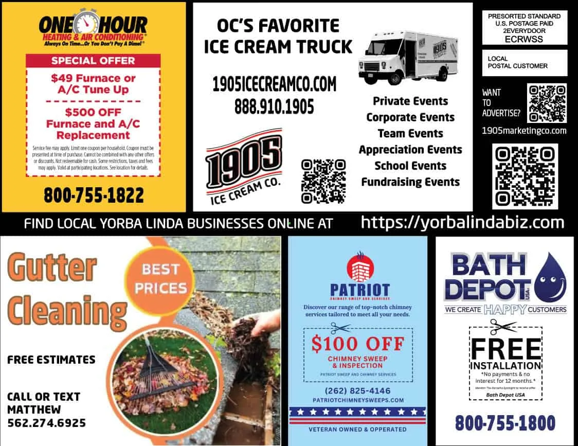 A 9×12 OC Scoop Direct co-op postcard with ads from local Yorba Linda businesses